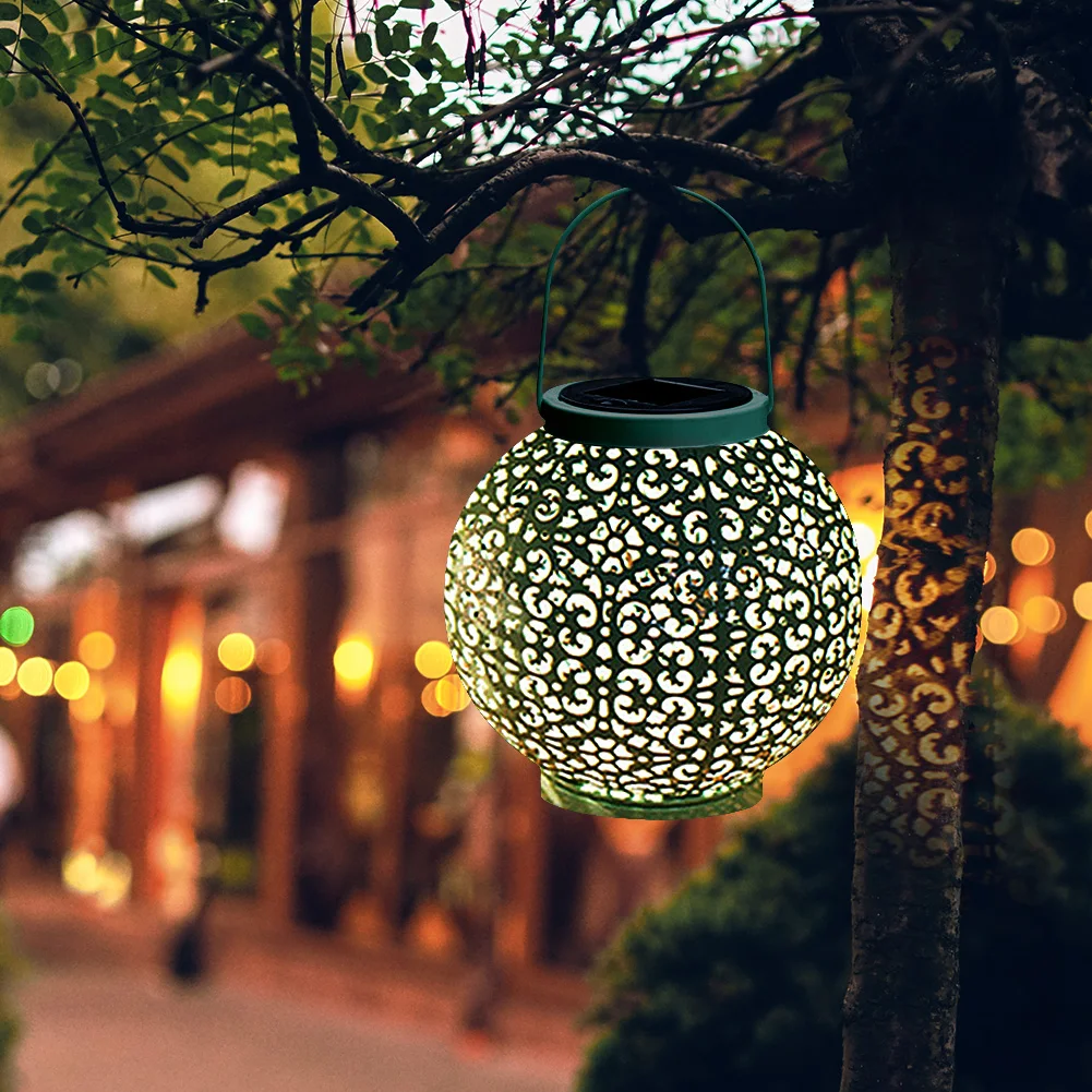 

Solar Powered Lawn Light with Round Pattern Lantern Shape Statue Modern Hanging Top-handle Greensward Lamp Mental Iron Decor