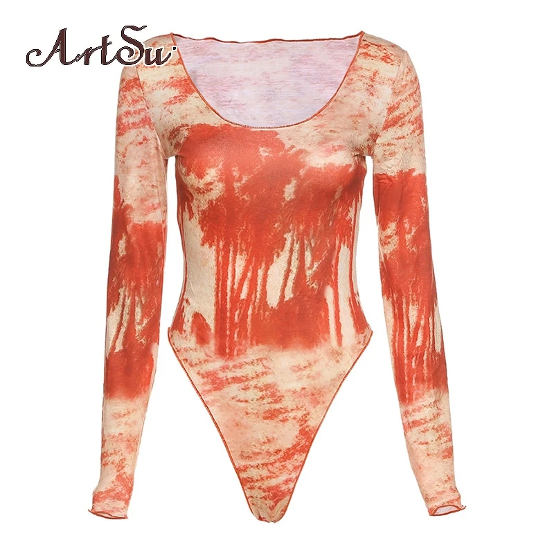 

Artsu Print Skinny Women Stretchy Bodycon Bodysuits 2020 Autumn Long Sleeve Casual Slim Female Fitness Outfits AR30360