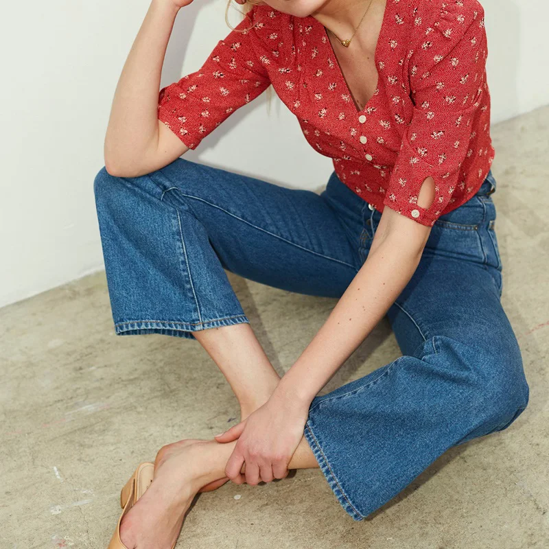 Блузка женская с коротким рукавом цветочный принт V-образный вырез элегантная