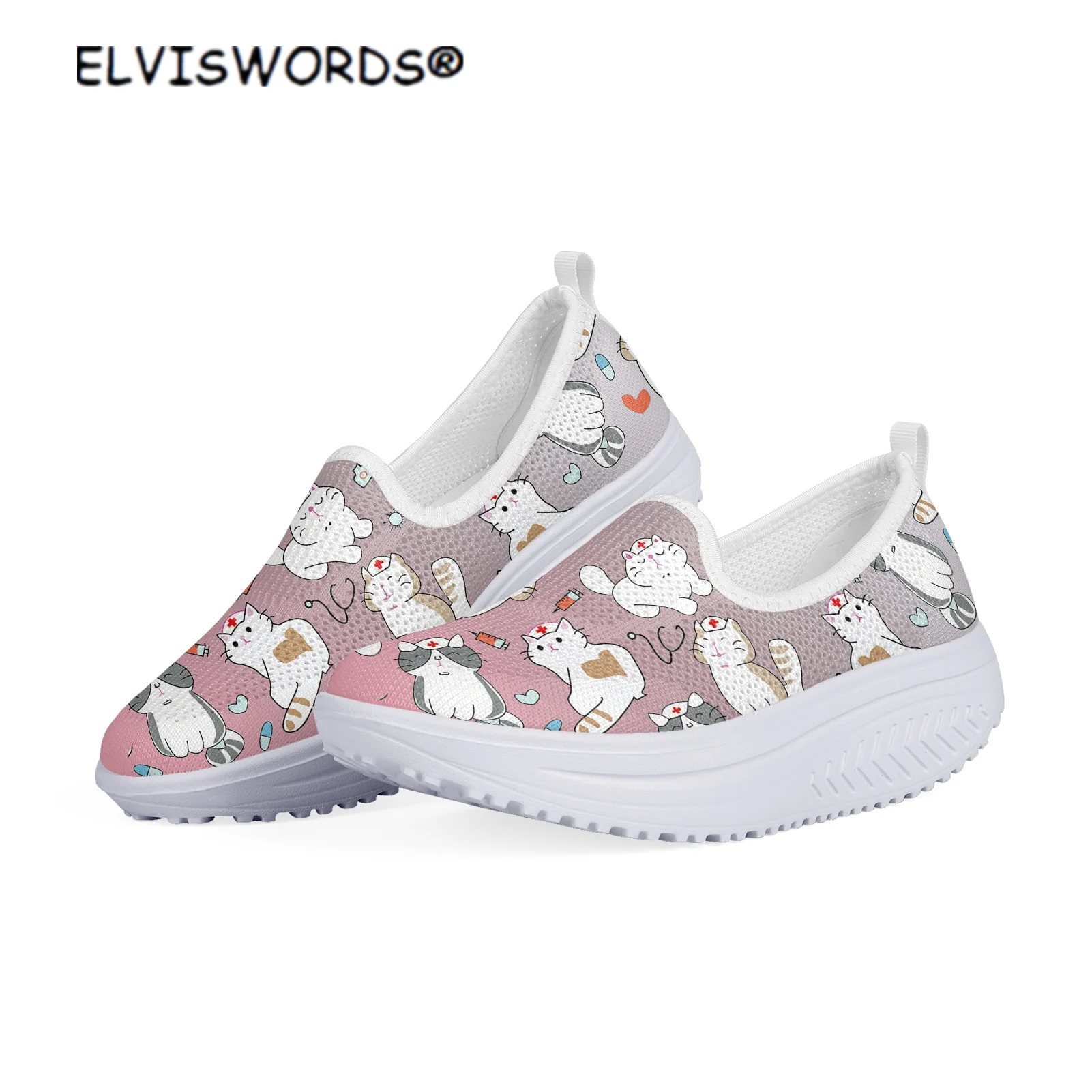 

ELVISWORDS Lovely Cat Design Casual Ladies Walking Shoes Breathable Women's Mesh Swing Shoes Woman's Non-slip Flats Platform
