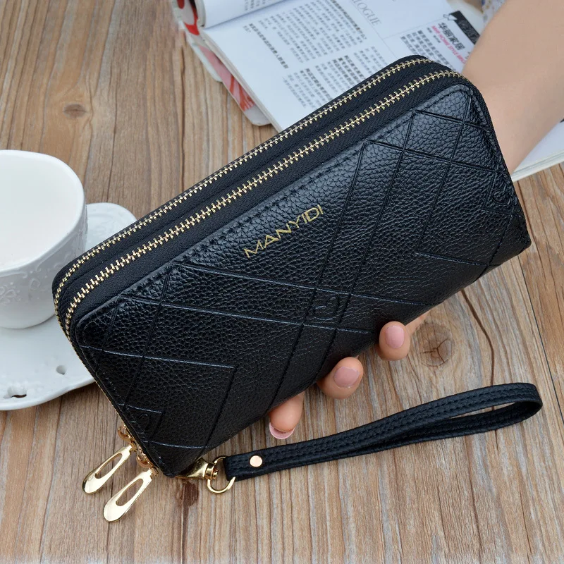 aliwood New Double Zipper Layer Large Capacity Long Women's Wallet Clutch Embossing Purses Phone Pocket Card Holder Coin Purse