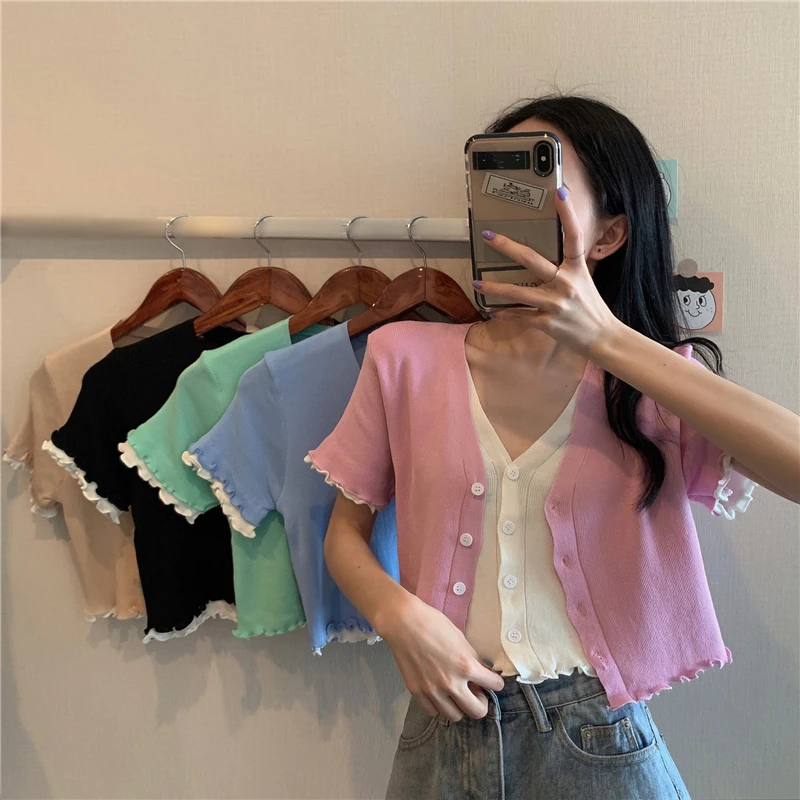 

2021 Summer New Korean Style V-neck Slim Fit Short Fake Two Pieces Single-Breasted Short Sleeve Knitted Tup Cardigan Women's