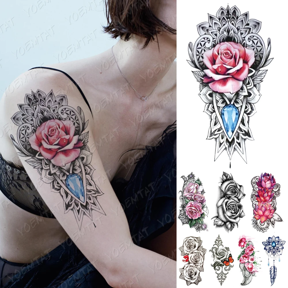 

Waterproof Temporary Tattoo Sticker 3D Rose Gem Lotus Flash Tattoos Lip Butterfly Flower Body Art Arm Fake Sleeve Tatoo Women