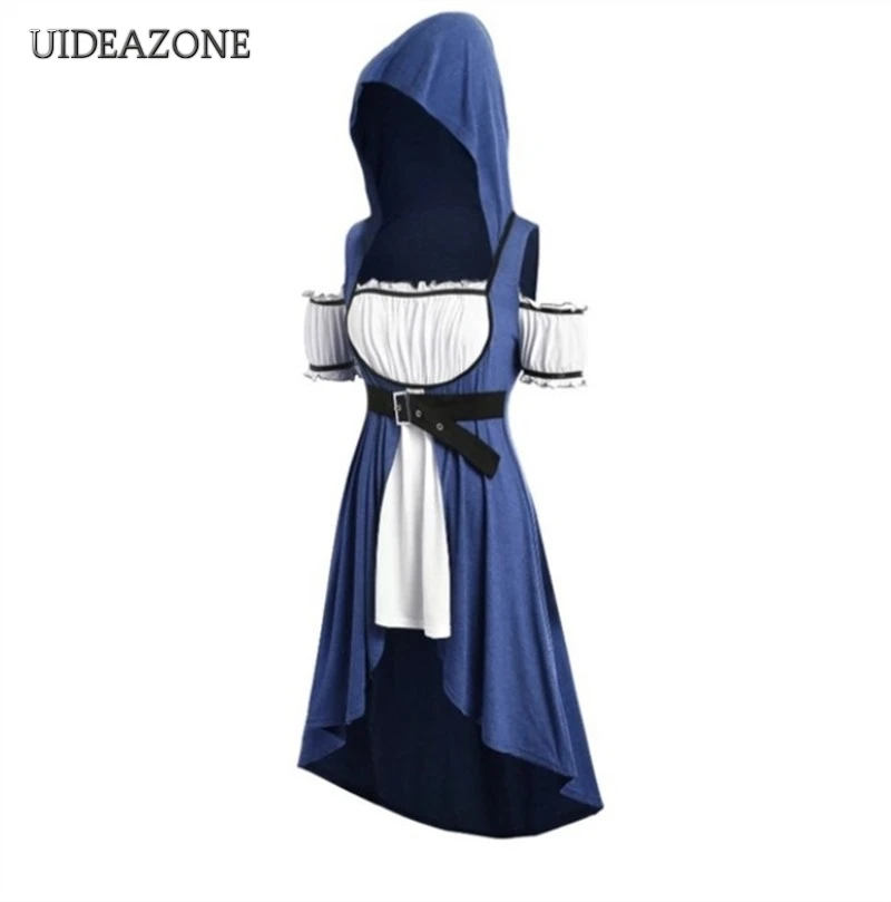 

UIDEAZONE Gothic Hooded Women Dress Patchwork Mid-Calf Asymmetrical Swing Ladies Dresses Goth with Sashes 2019 Halloween Party