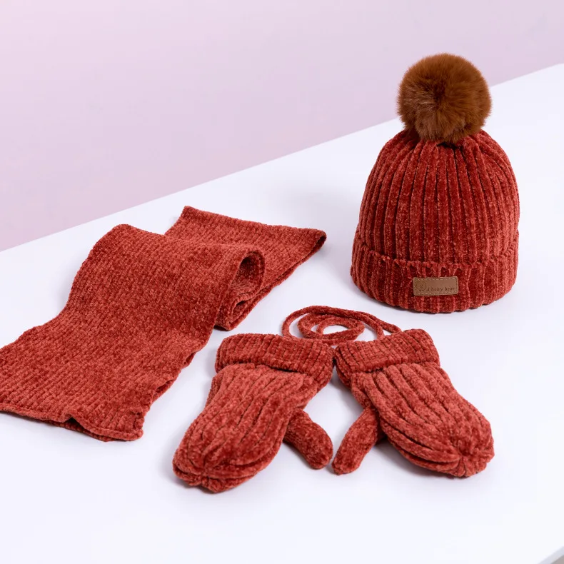 Orange Red 3Pcs 2 шт./3 шт./компл., детские наборы шарф Шапка Зимняя Теплая Бархатная шапка шарф перчатки для маленьких мальчиков и девочек, костюмы хлопковая шерсть Младенческая шапочка, шапки - Цвет: Orange Red 3Pcs