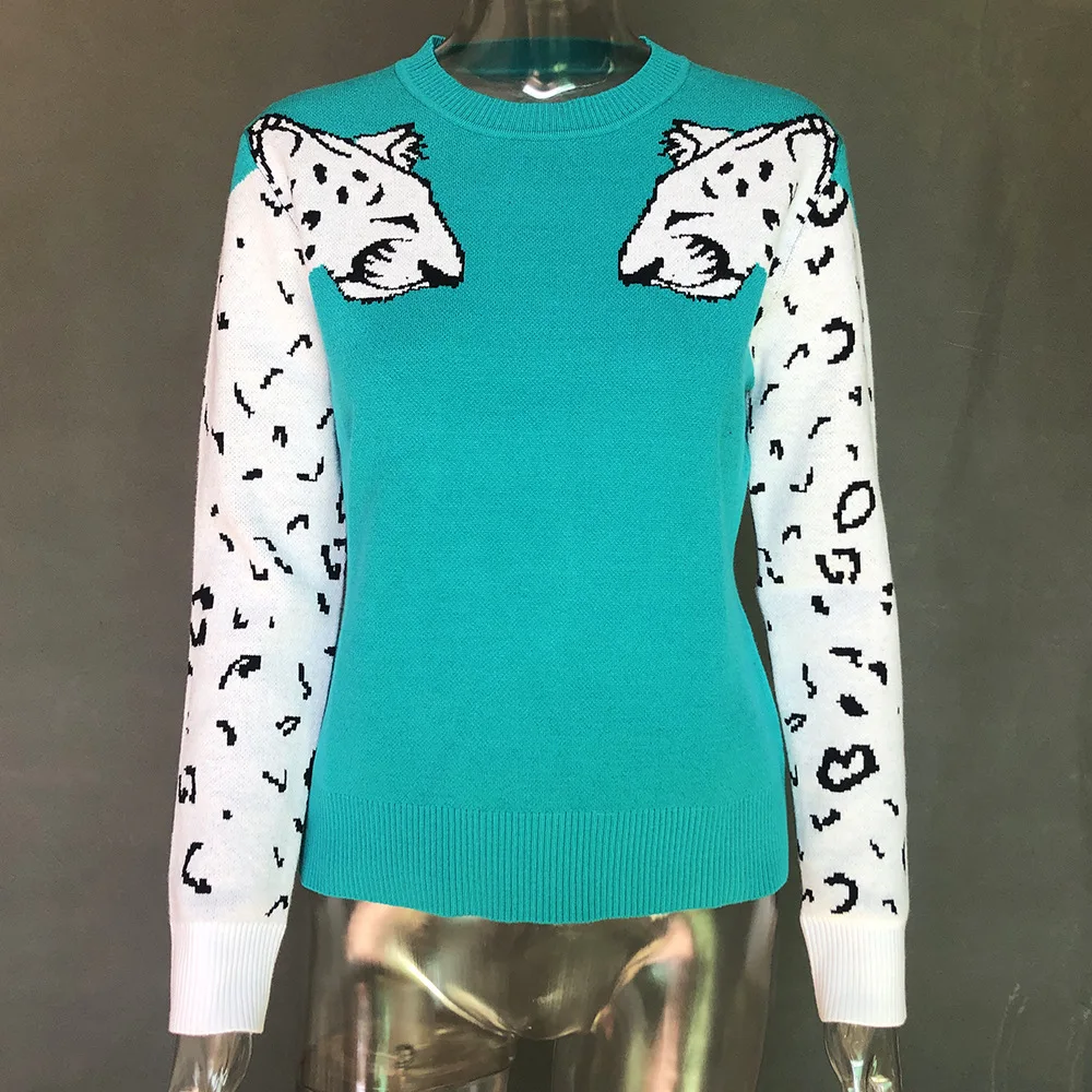 

2021 Autumn Winter Warm Sweater Female Arm Leopard Pattern Knitted Long-Sleeved Pullover Cardigan Woman Sweater Sueters De Mujer