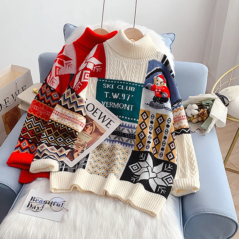 

Рождественский свитер с воротником «хомут», Ретро японские жаккардовые вязаные пуловеры, Женские повседневные свободные топы с длинным ру...