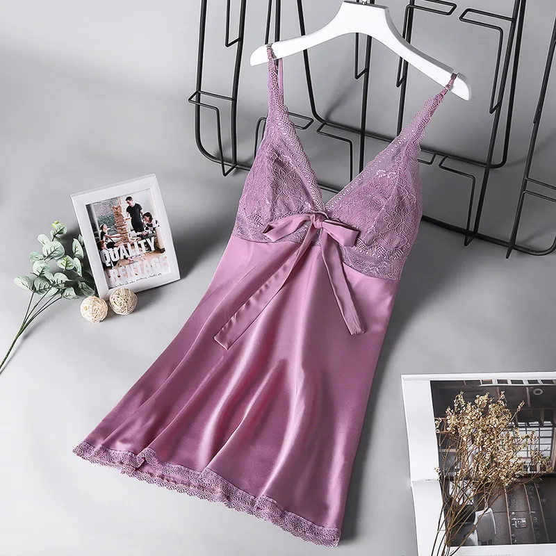 

Satin Sleepshirts Sexy Lace Pyjamas Summer Fashion Nightgown Strap Nighty Intimate Lingerie V-neck Bathrobe For Lady Lounge Wear