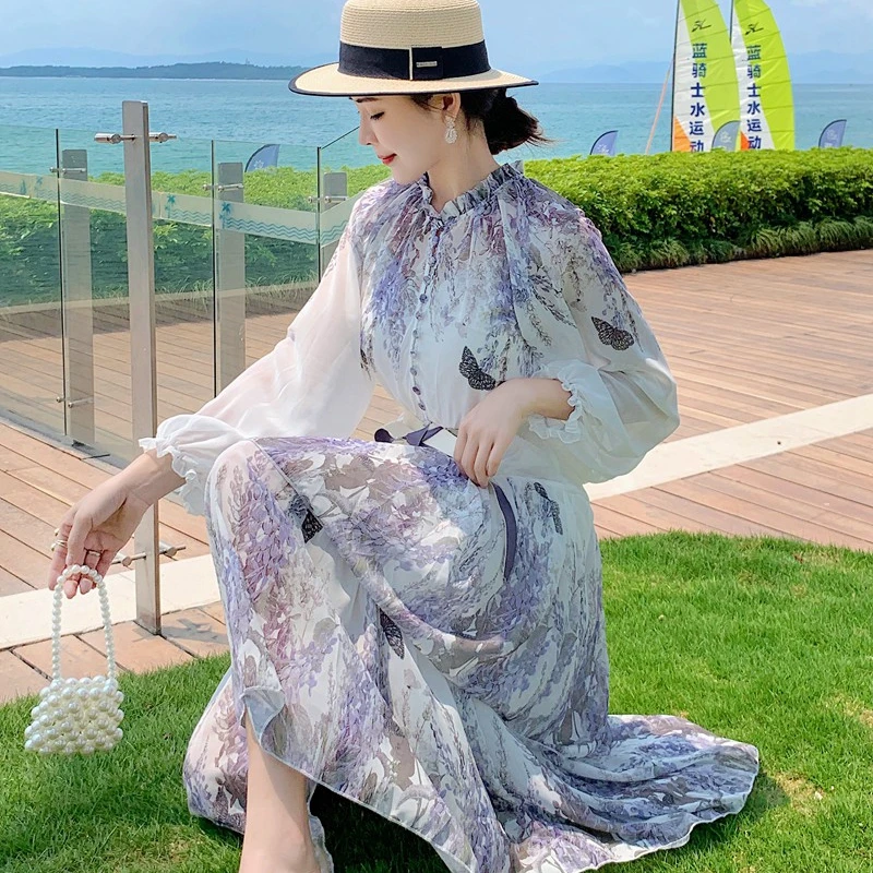 

Australia Fashion 2021 Spring/Summer New Purple Printed Long Sleeve Long Sleeve Light Chiffon Belt Dress Waist Waist Women