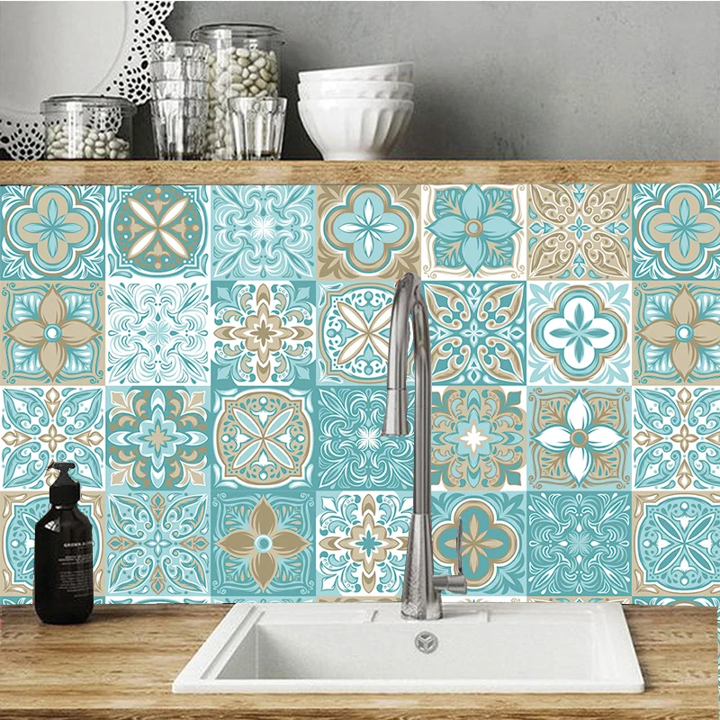 

Tiles Wall Stickers Kitchen Wardrobe Drawer Decoration Wallpaper Art Wall Mural Customed Mandala Ceramic Peel & Stick PVC Blue