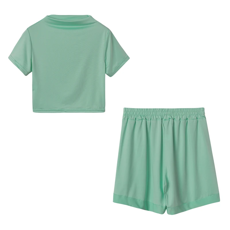 

Summer shorts set 2 pieces of new casual women's suit short-sleeved top + stretch high-waist shorts solid color women's suit