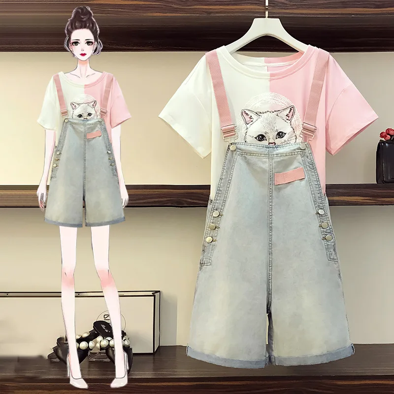

2021 Summer Fashion Clothing Suit Women Short Sleeve Panelled Cat Print T Shirt+Buttons Loose Overalls Pants 2 Piece Set