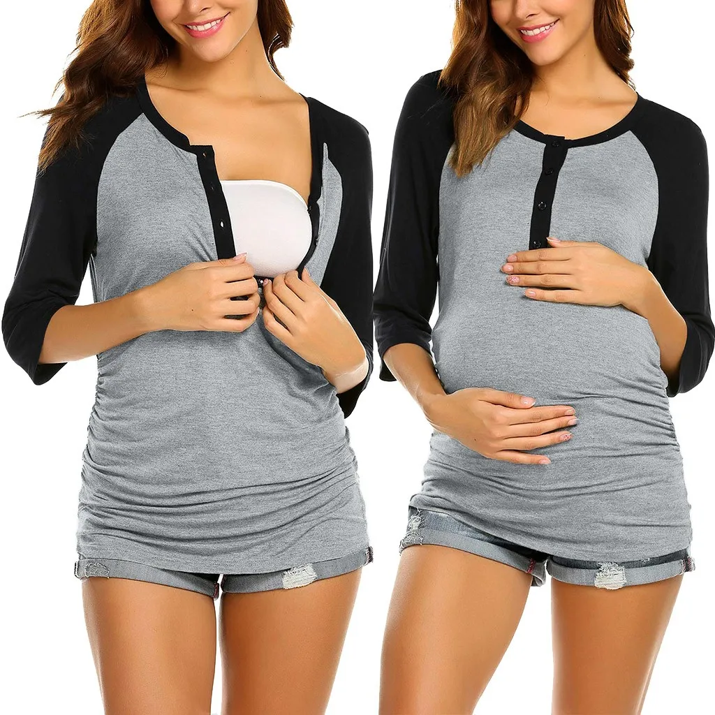 Gray Vetement femme Женские топы для беременных и блузки одежда 3/4 рукав сплошной цвет кормящих Топы Футболка для грудного вскармливания Длинные - Цвет: Gray