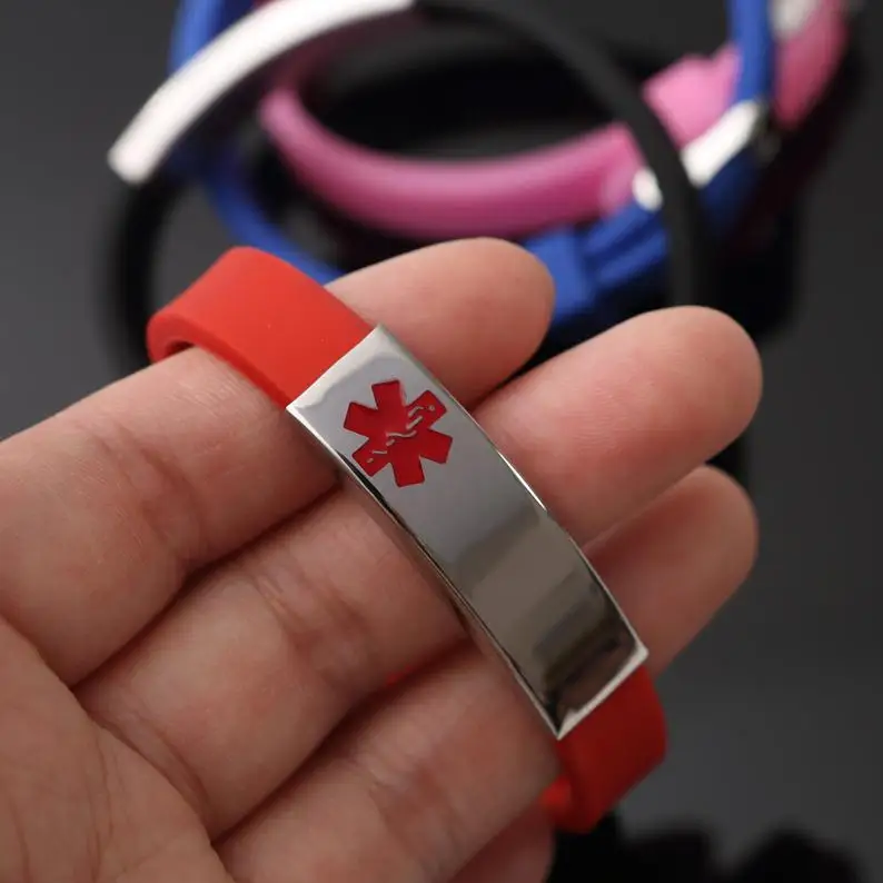 

Adjustable Medical Alert ID Bracelets Silicone Stainless Steel Bracelet for Teens /Women/Men with FREE Engraving