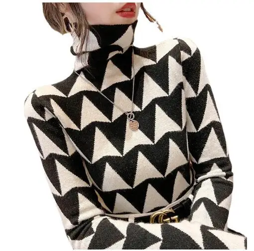 

Autumn and Winter New Style Female Fashion Elegant Jacquard Black and White Pullover Turtleneck Sweater Warm Slim Knit Sweater