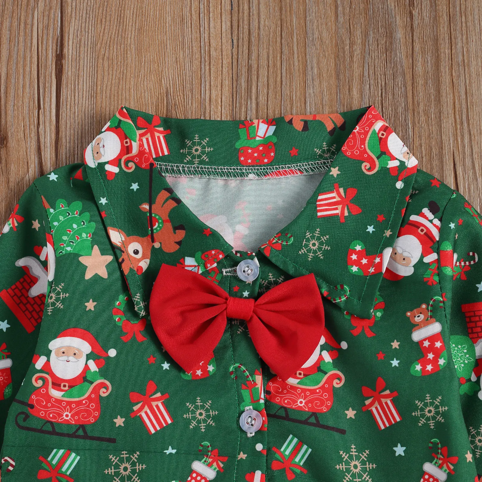 

Christmas Newborn Baby Boys Gentleman Bodysuits+Bow Tie Long Sleeve Santa Tree Print Single Breasted Jumpsuits 0-24M