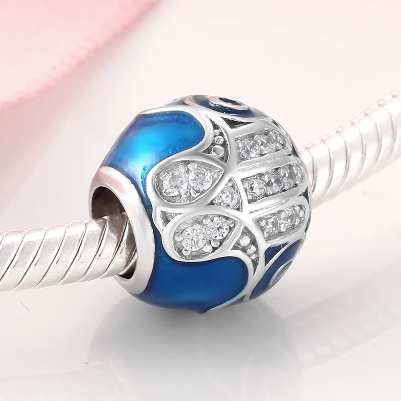 100% Real 925 Sterling Silver Blue Enamel Round Shape Charms Beads Fit JIUHAO Bracelets Necklace Jewelry Making |