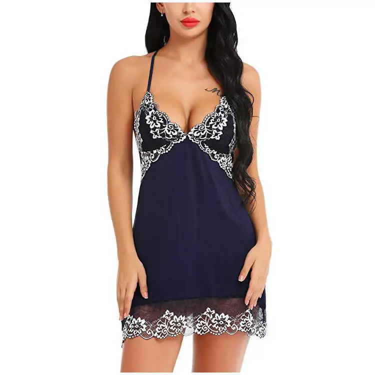 

WEPBEL Women's Sexy Lace Slim Fit Patchwork Pajamas Summer Fashion V-neck High Waist Spaghetti Strap Dress