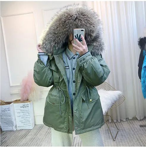 Green-Brown Fur AYUNSUE/белая куртка-пуховик для женщин, корейское зимнее пальто, женское пуховое пальто, куртка-пуховик с воротником из меха енота и собаки YY1518 - Цвет: Green-Brown Fur