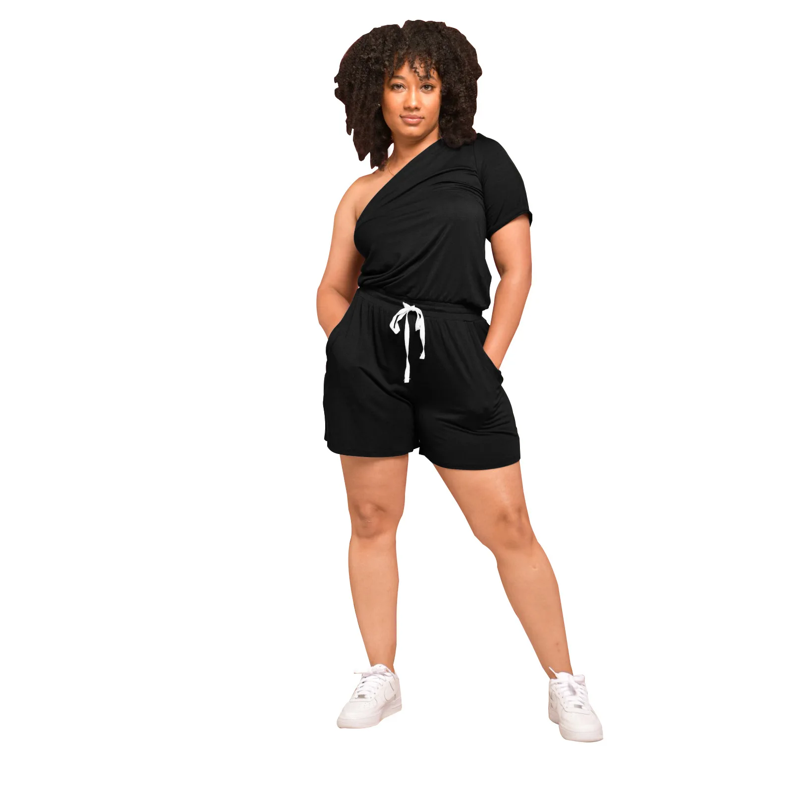 

RStylish 2021 Summer Short Jumpsuit Fashion One Shoulder Short Sleeve Loose Stretchy Sportwear Drawstring Elastic Waist Rompers