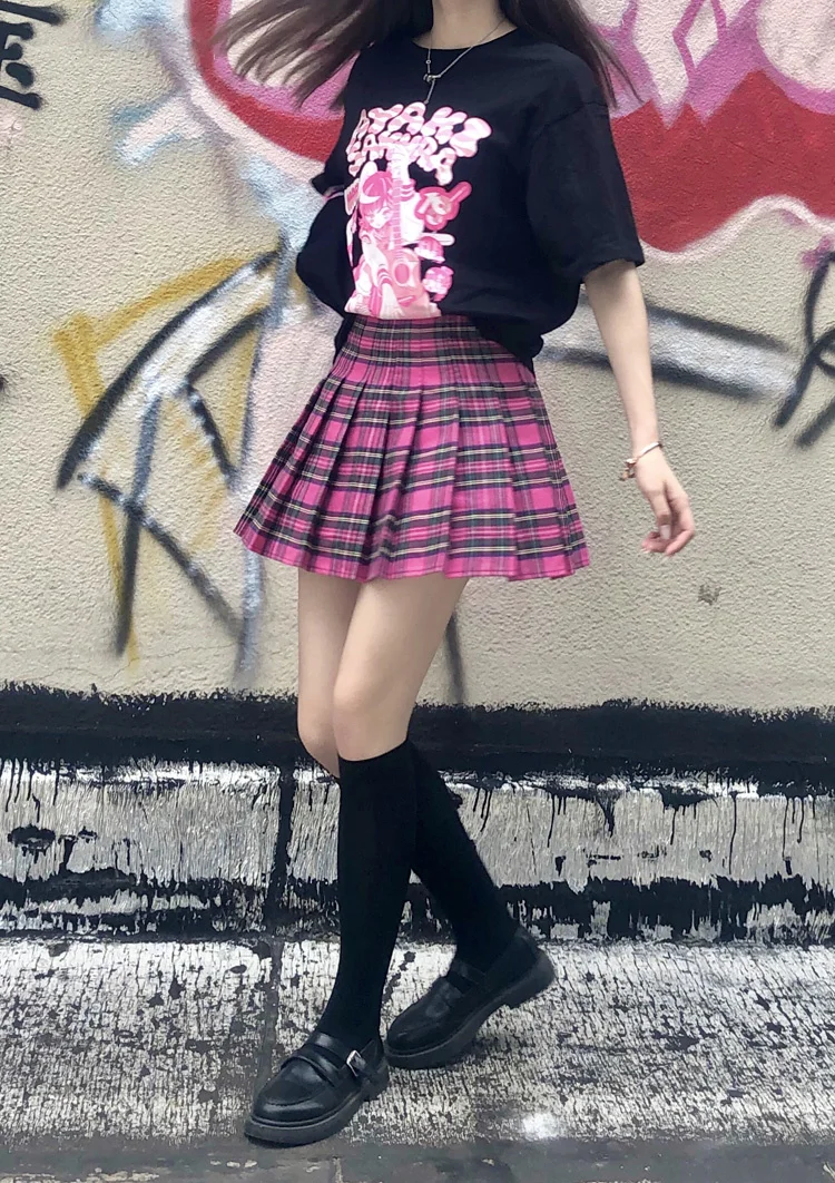 

Harajuku hot girl black sweet cute JK Pleated Plaid Skirt Soft girl y2k high-waisted Japanese Kawaii Rose Pink plaid skirt