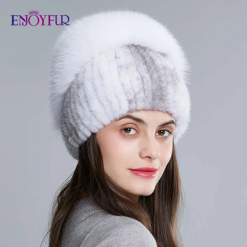 ENJOYFUR, натуральный Лисий мех, шапка для женщин, натуральный мех норки, женские зимние шапки, вертикальные Стразы, высокое качество, шапочки, модные шапки