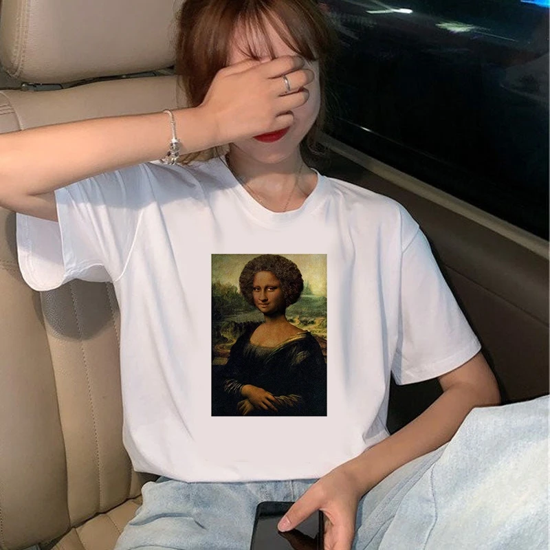 

The Great Wave of Aesthetic T-Shirt Women Tumblr 90s Fashion Graphic Tee Cute T Shirts Make fun of Mona Lisa Summer Tops Female