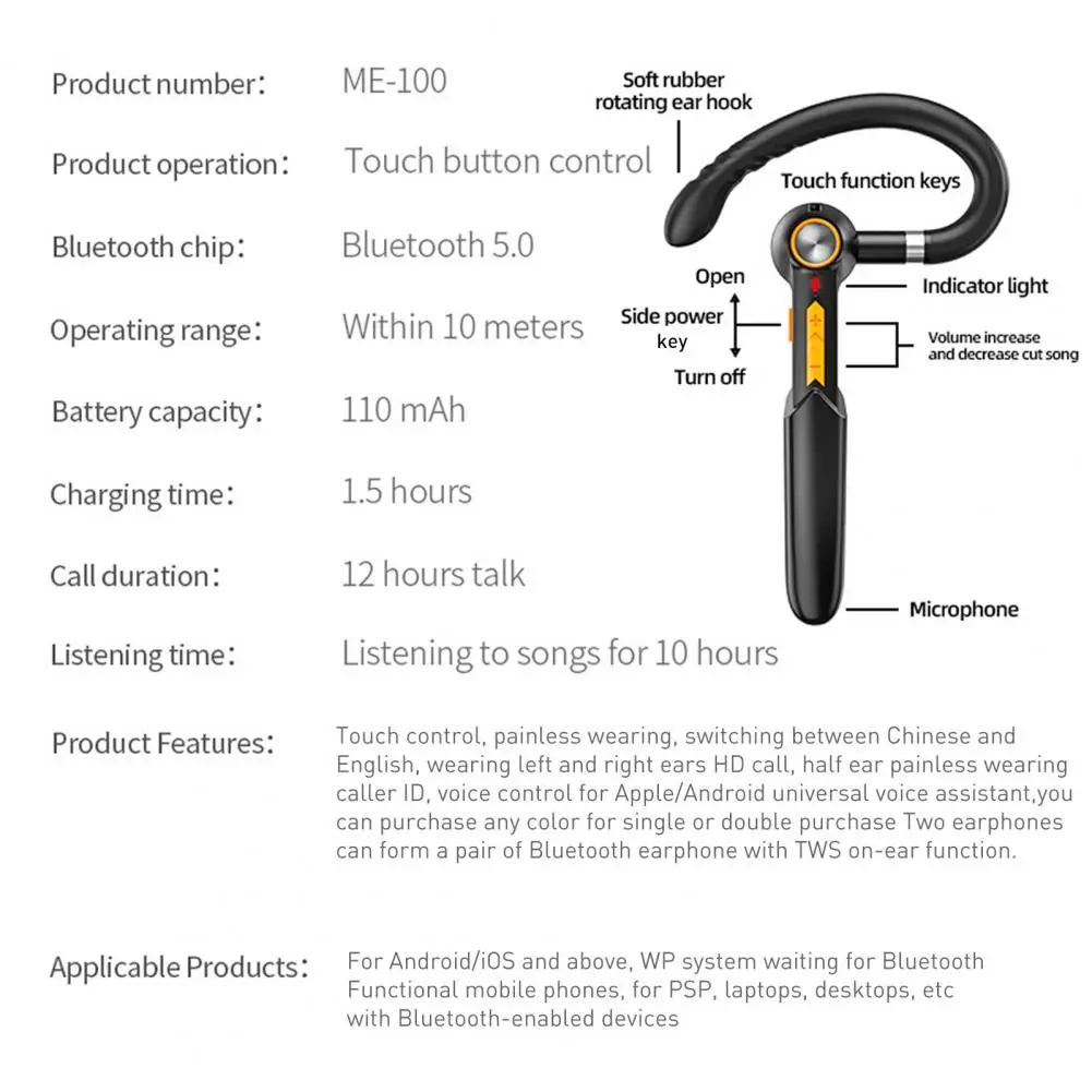 

ME-100 Wireless Bluetooth 5.0 Rotatable Single Ear Hook Earphone with Microphone