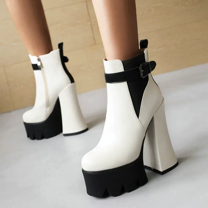 

Женские короткие ботинки с пряжкой на ремешке, Модные ботильоны на высоком устойчивом каблуке и молнии, Женская Всесезонная обувь на платфо...