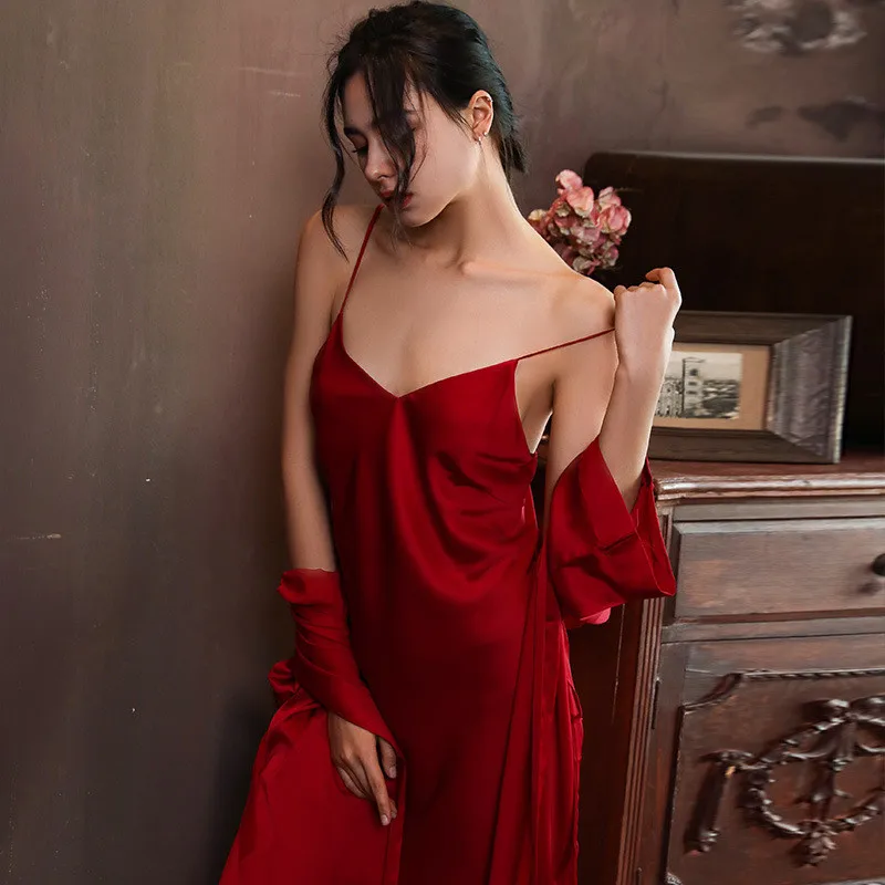 

2021 Women Robe Gown 2Pcs Sets Satin Pajamas Embroidery Hollow Out Ladies Sexy Red Home Wear Night Dress with Chest Pads