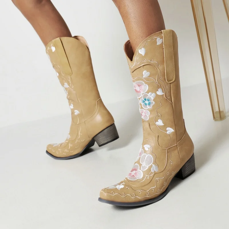 Vintage Cowboy Boots Low Heel Autumn Winter Women Shoes British Embroidered Design Western Mid-calf Boots Party Femmes Bottes 41