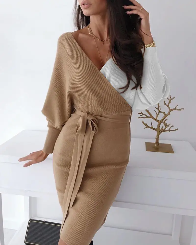 

long-sleeved dress women 2021 new casual color matching wrapped bat sleeve ribbed dress fashion outfits