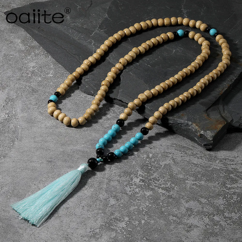 

OAIITE Blue Tassel Wood Beads Statement Necklace Bohemian Ethnic Vintage Nature Stone Long Charm Necklace For Women Men