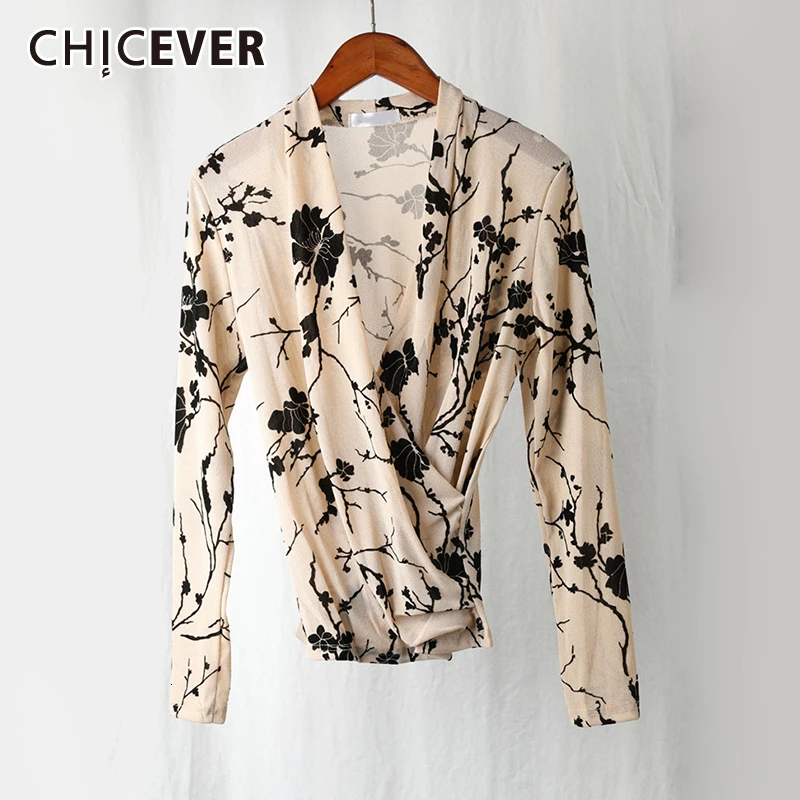 CHICEVER принт нестандартные футболки для женщин v-образный вырез длинный рукав