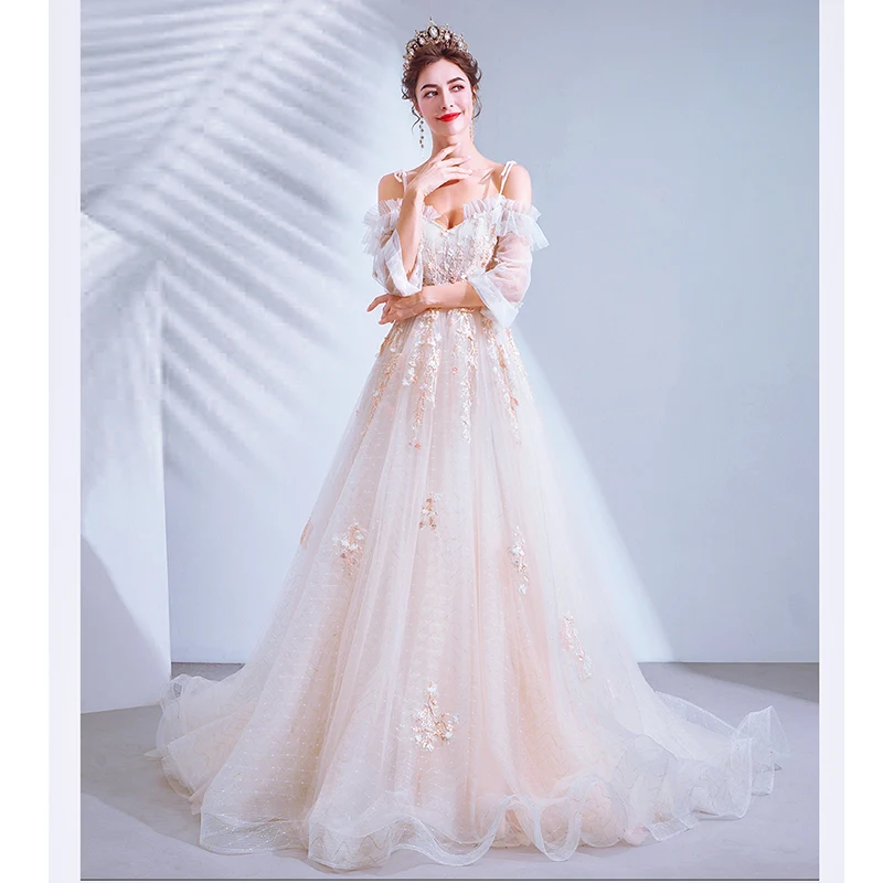 SSYFashion/Новое романтическое вечернее платье с цветочным узором, платье принцессы для невесты с рукавом 3/4, милое длинное кружевное платье с коротким шлейфом