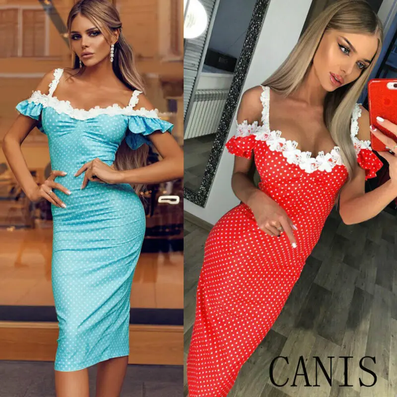 Новое модное женское платье с открытыми плечами сексуальное кружевное в горошек