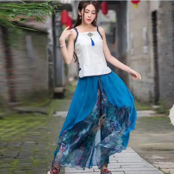 Винтажные этнические длинные двухслойные Асимметричные Брюки 70s с принтом и