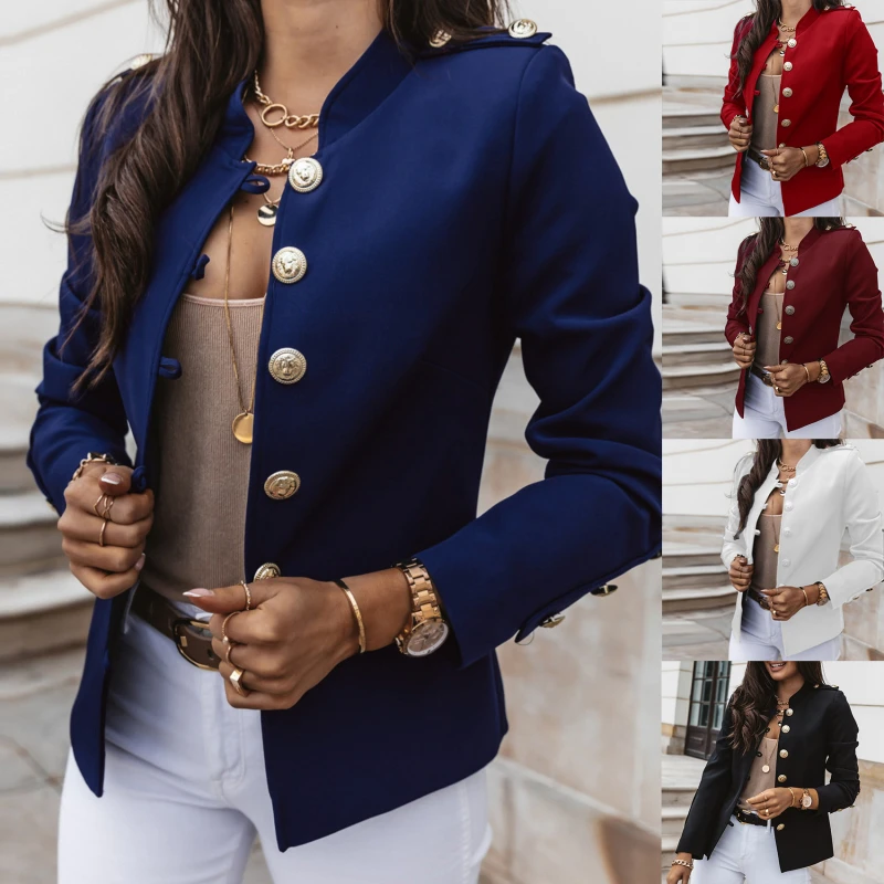 

Autumn Women's Blazer Solid Color Long Sleeved Button Hoodless O Neck Women's Single Breasted Blazer Casual