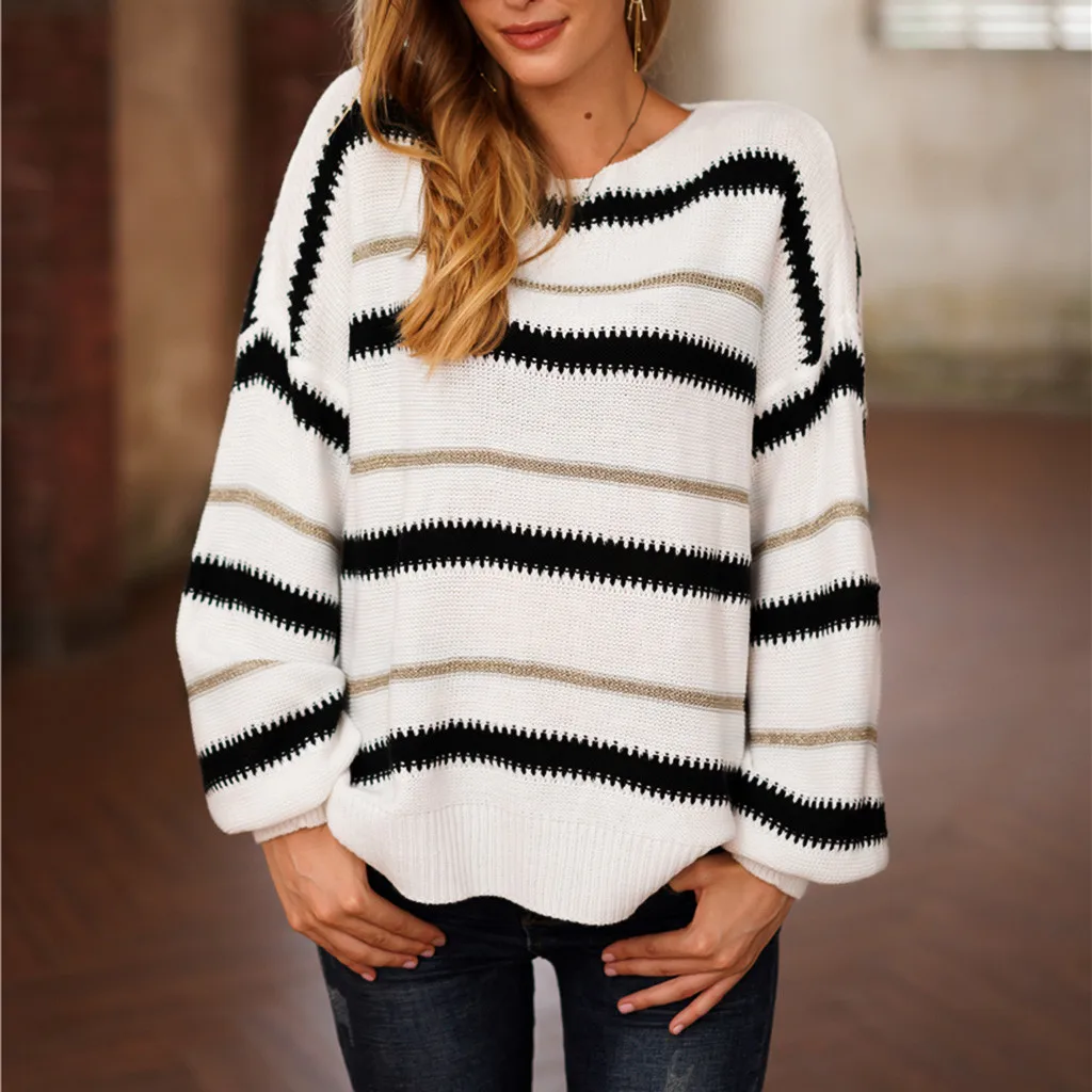 Модный женский осенне-весенне-зимний Свободный Полосатый Вязаный Пуловер с