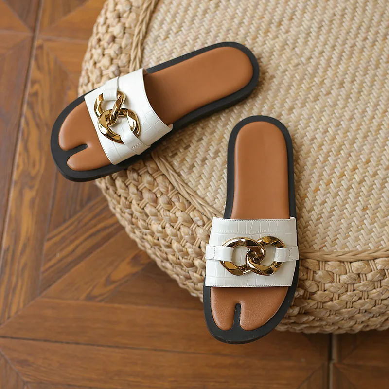 

Party Basic Shoes Woman low Heels Metal chain Genuine Leather ladies slippers For Women Party Prom Women sandals