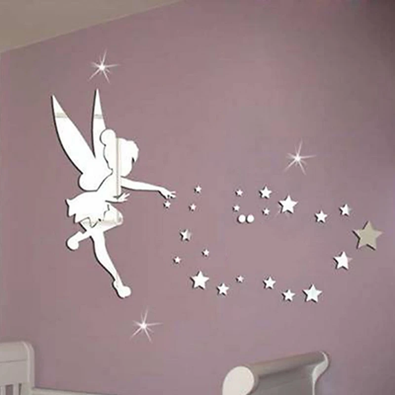1 Set 3D Fairy Blown Star Plastic Mirror Wall For Girls Room Elf Sprinkles Stars Stickers Green Wall Home Decoration With Glue
