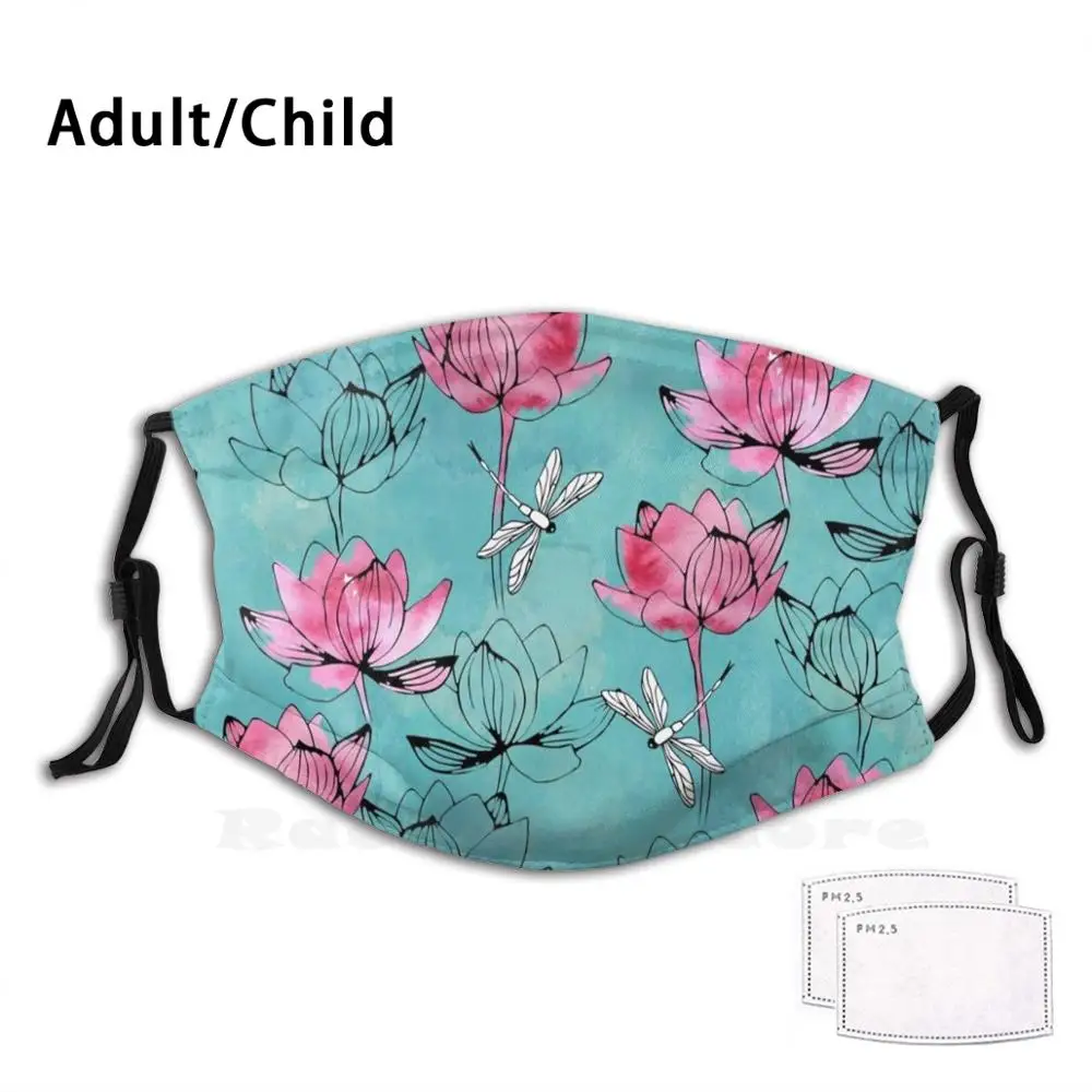 

Waterlily Dragonfly Funny Print Reusable Filter Face Mask Lotus Flower Waterlily Dragonfly Floral Nature Watercolor Turquoise