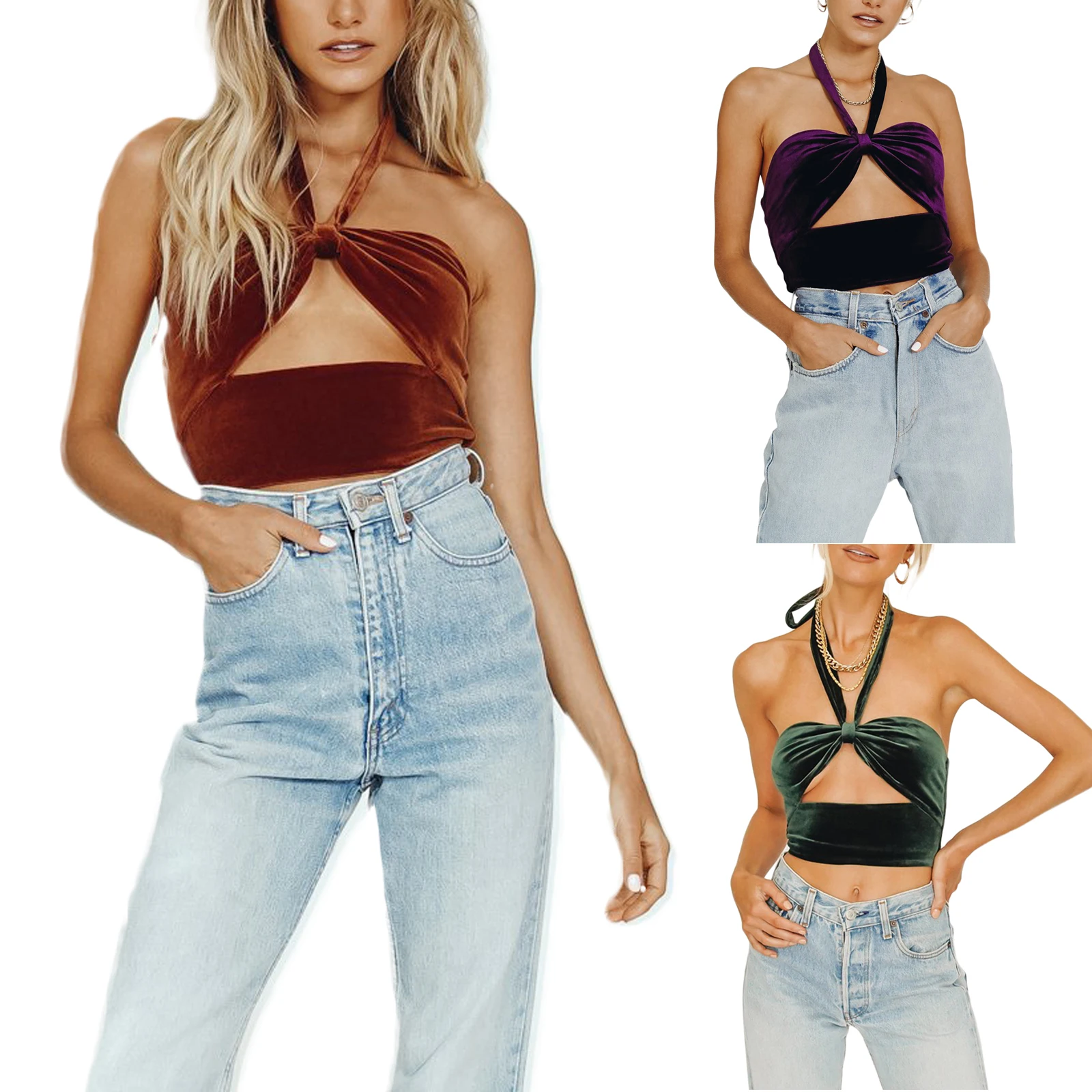 

Women’s Fashion Solid Color Vest Summer Sexy Bandage Halter Exposed Navel Camisole