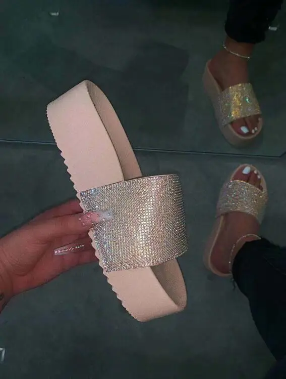 Indoor Wild Fashion Ladies Spring Summer Women Waterproof Platform Thick Bottom Rhinestone Slippers Candy-colored Beach Sandals