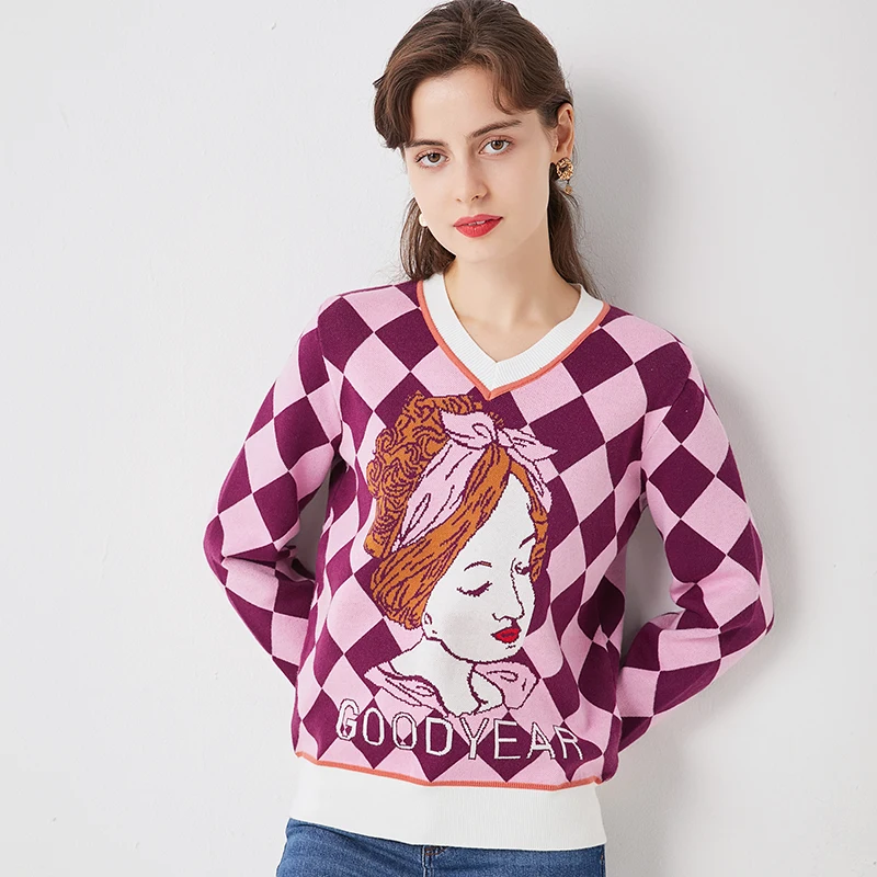Женский вязаный свитер с v-образным вырезом и кроличьим мехом жаккардовый для