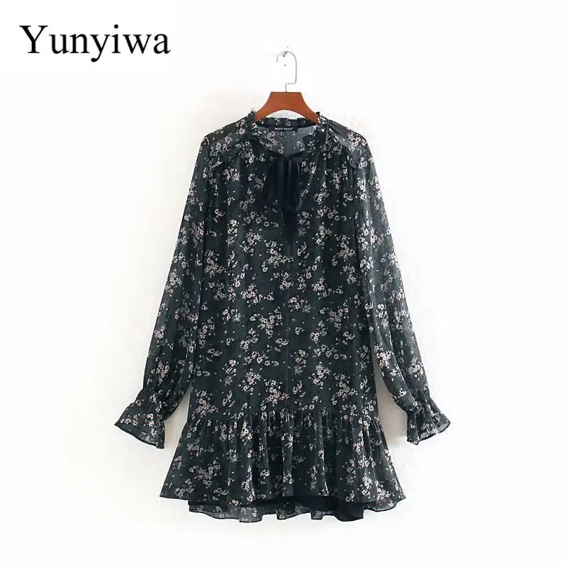 Женское милое мини платье с бантом V образным вырезом и цветочным принтом