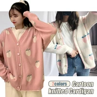 women cute sweet pink peach printed sweater oversize korean knitwear cropped cardigan v neck long sleeve sweater coat