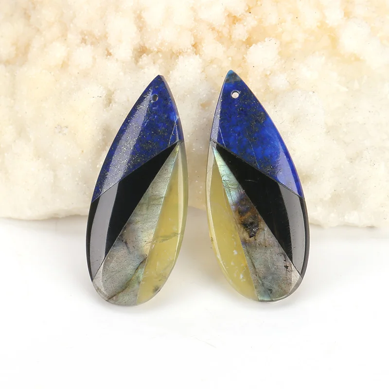 

Natural Gemstone Labradorite ,Obsidian,Yellow Opal,lapis lazuli gemstone beads Intarsia earrings earring Set,38x16x3mm,6.8g