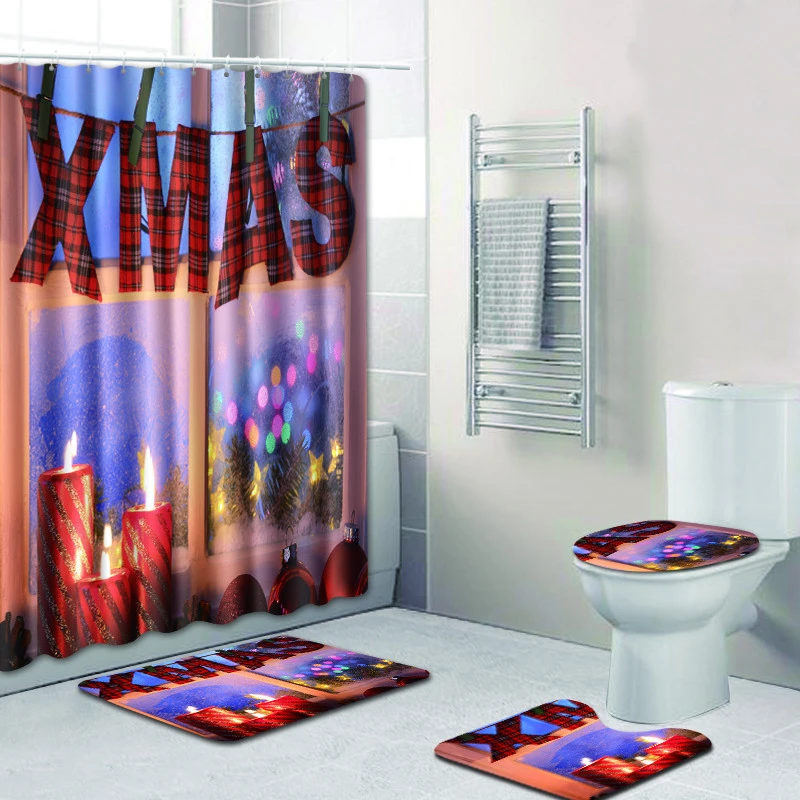Zeegle Christmas Bath Mat with Shower Curtain Set Microfiber Toilet Foot Rug U Type Washable Floor | Дом и сад