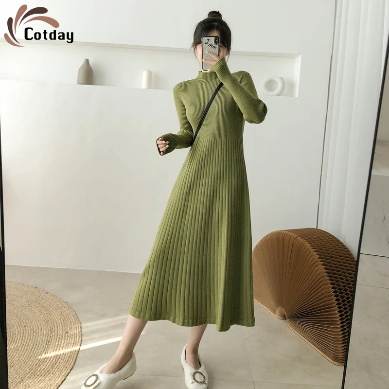 

Cotday Half High Collar Base Knitted Winter 2021 New Grace Avocado Green Pleated A-line With Medium Length For Women Dress